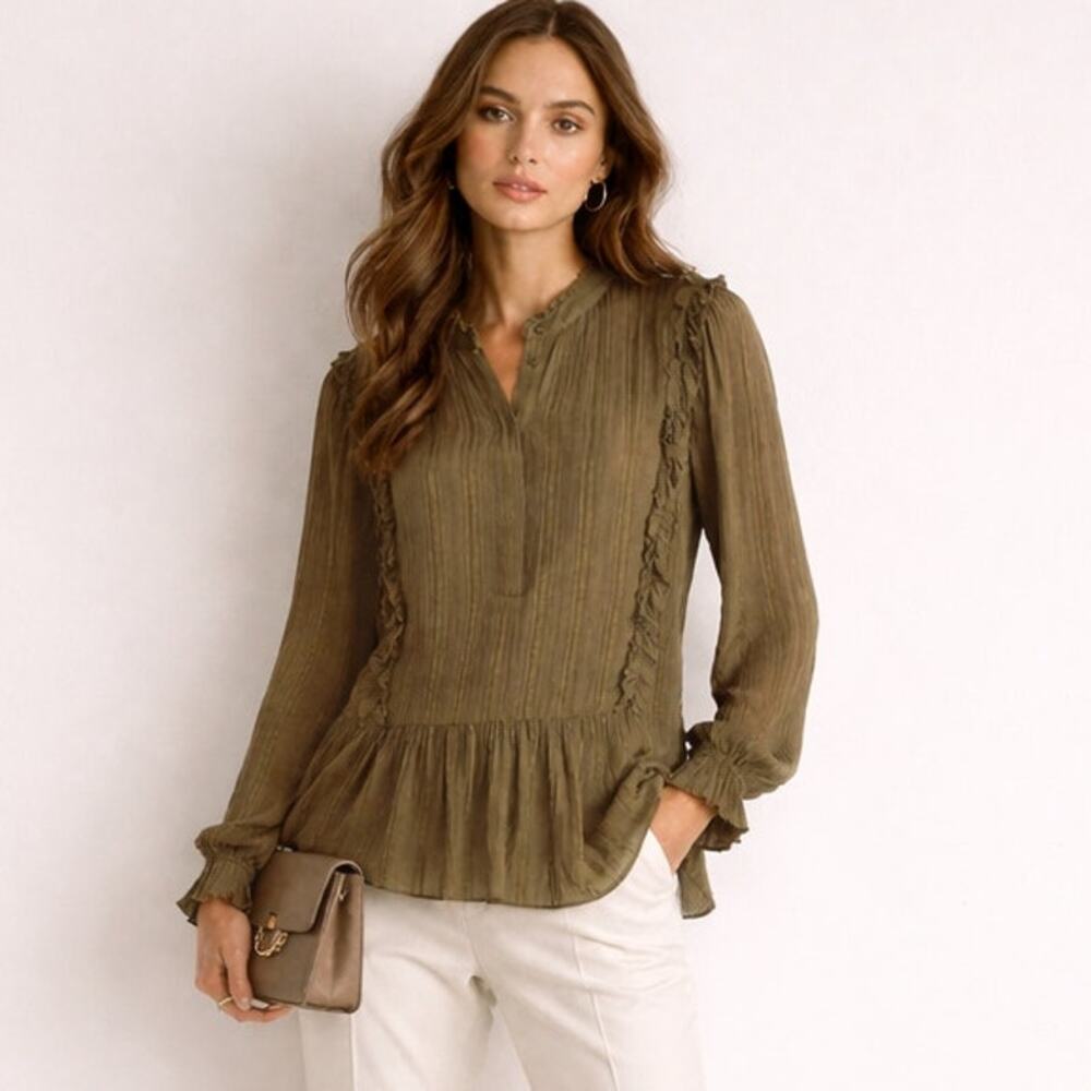 REISS Alandra Semi-Sheer Ruffled top in Green Size 14